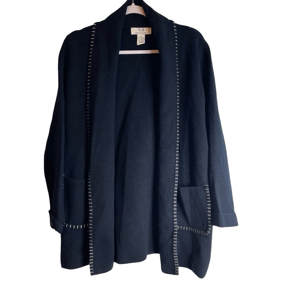 Magaschoni open Cardigan Sweater in Navy with white top stitch detail. Women M